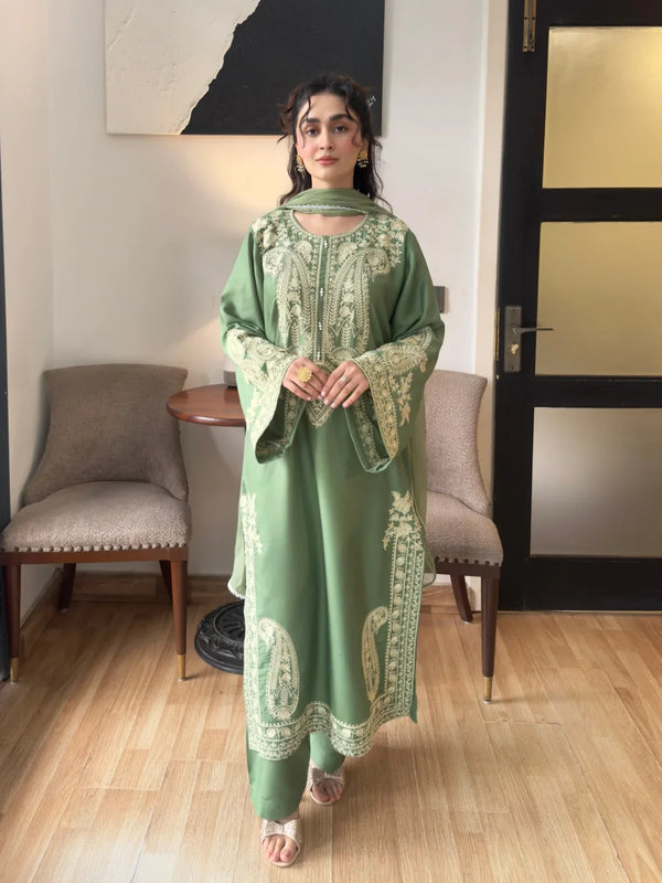 Aafreen Embroidered 3pc - Jade green - Lawn